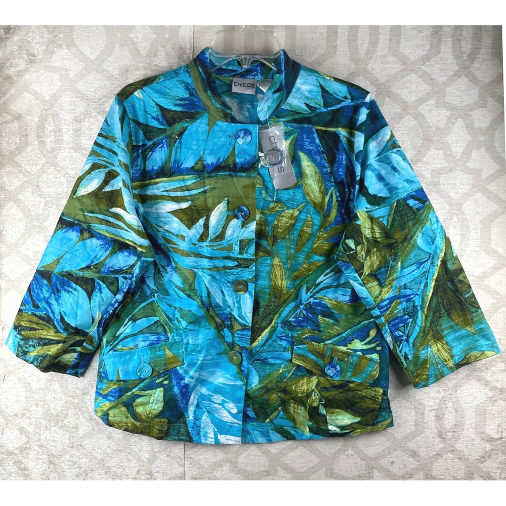 Chico's Clearly Colour Jeanelle Jacket Argiers Blue Tropical Leaf Womens 1 M NWT